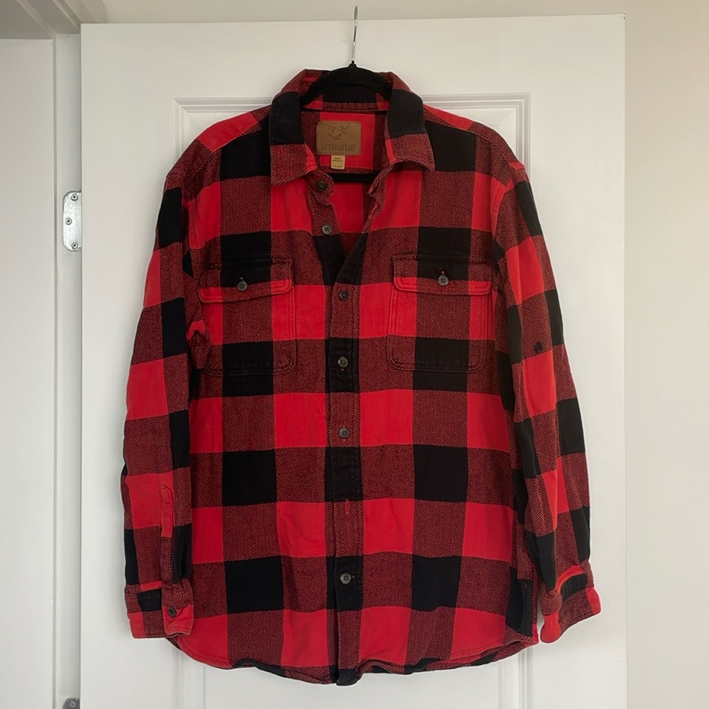 Men’s cozy flannel red and black plaid button up work shirt sz 2xl